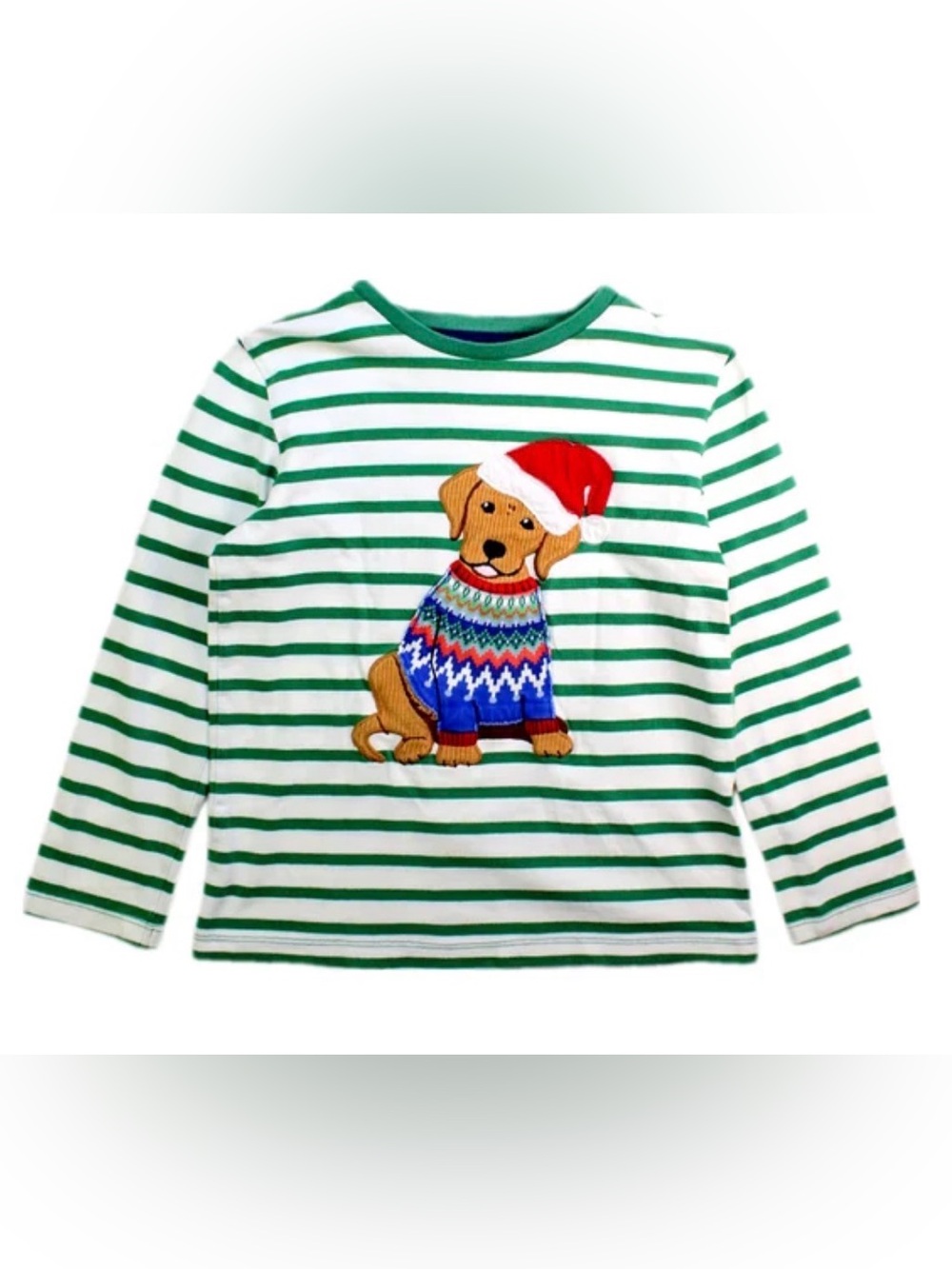MINI BODEN Kids’ Striped Christmas Dog Appliqué Long Sleeve Tee- 4-5
